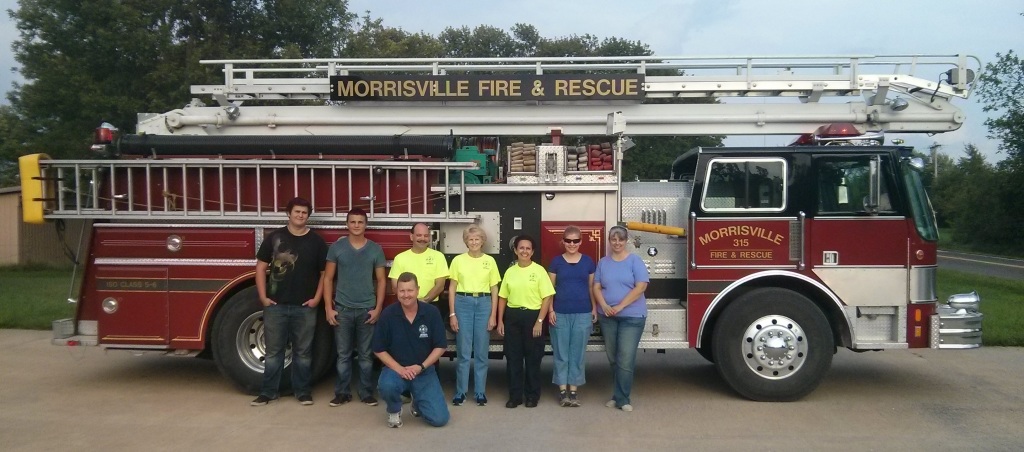 The Morrisville Emergency Medical Responder class completed its training and poses in front of the recently paid off aerial truck 315.